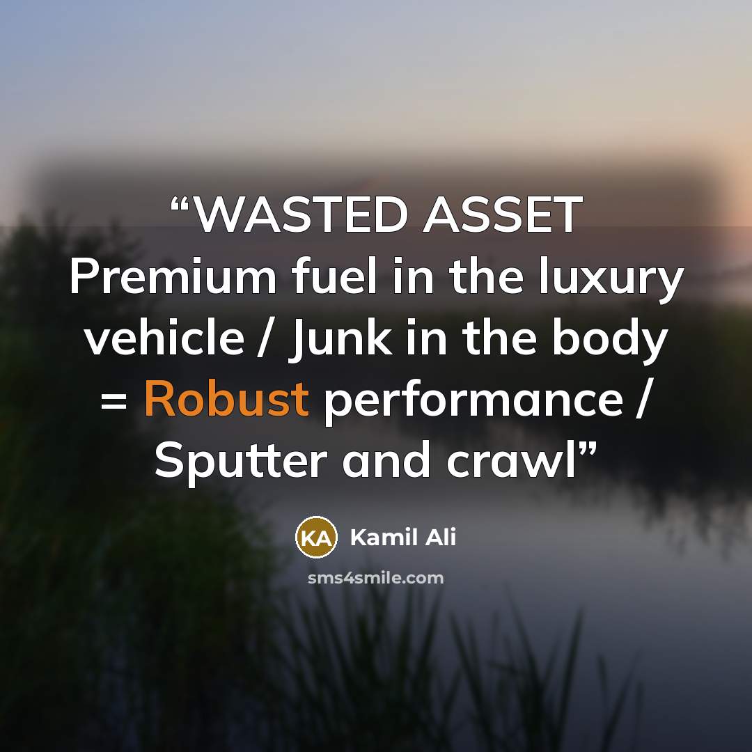 “WASTED ASSET Premium fuel in the luxury vehicle / Junk in the body = Robust performance / Sputter and crawl” quote by Kamil Ali