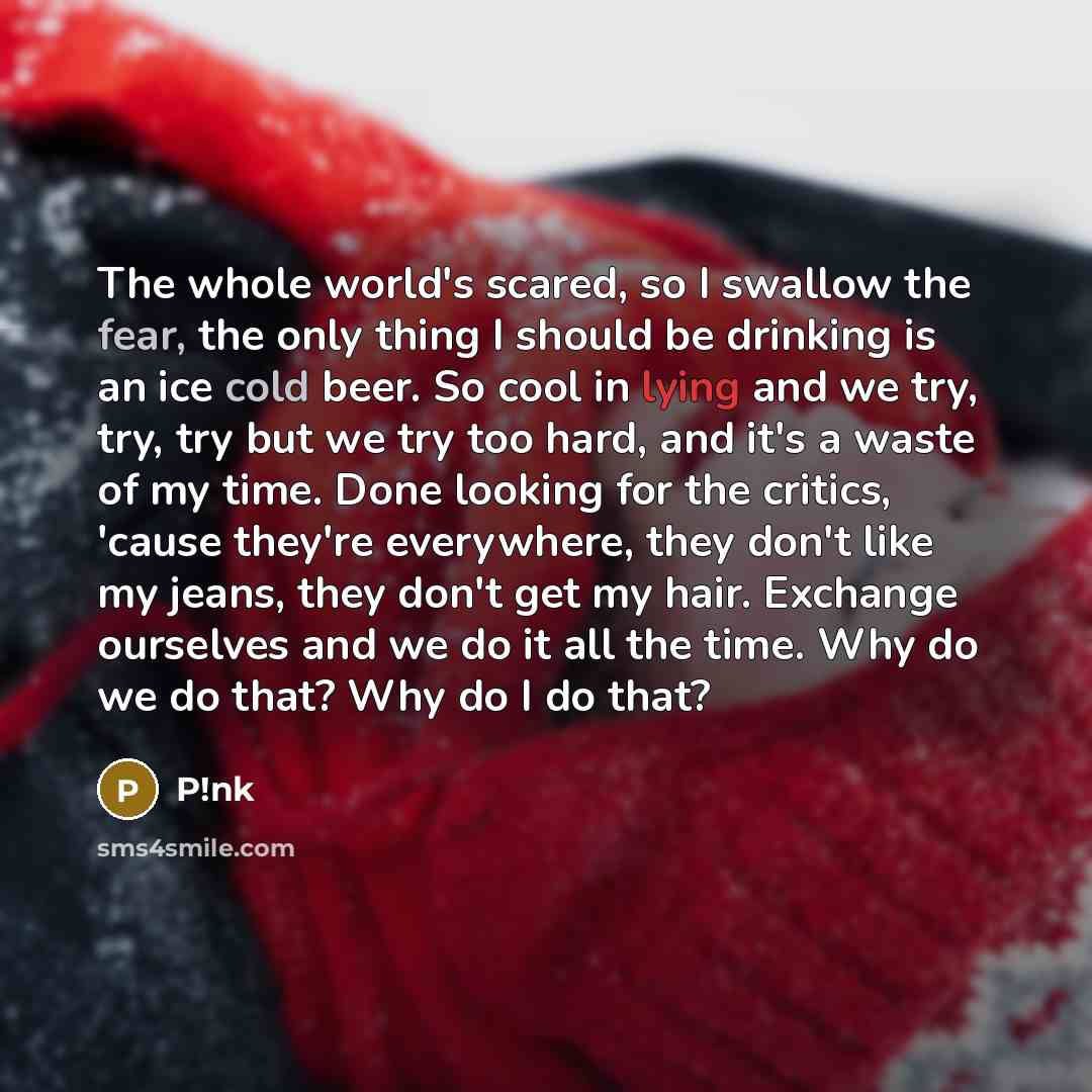 “The whole world's scared, so I swallow the fear, the only thing I should be drinking is an ice cold beer. So cool in lying and we try, try, try but we try too hard, and it's a waste of my time. Done looking for the critics, 'cause they're everywhere, they don't like my jeans, they don't get my…” quote by P!nk
