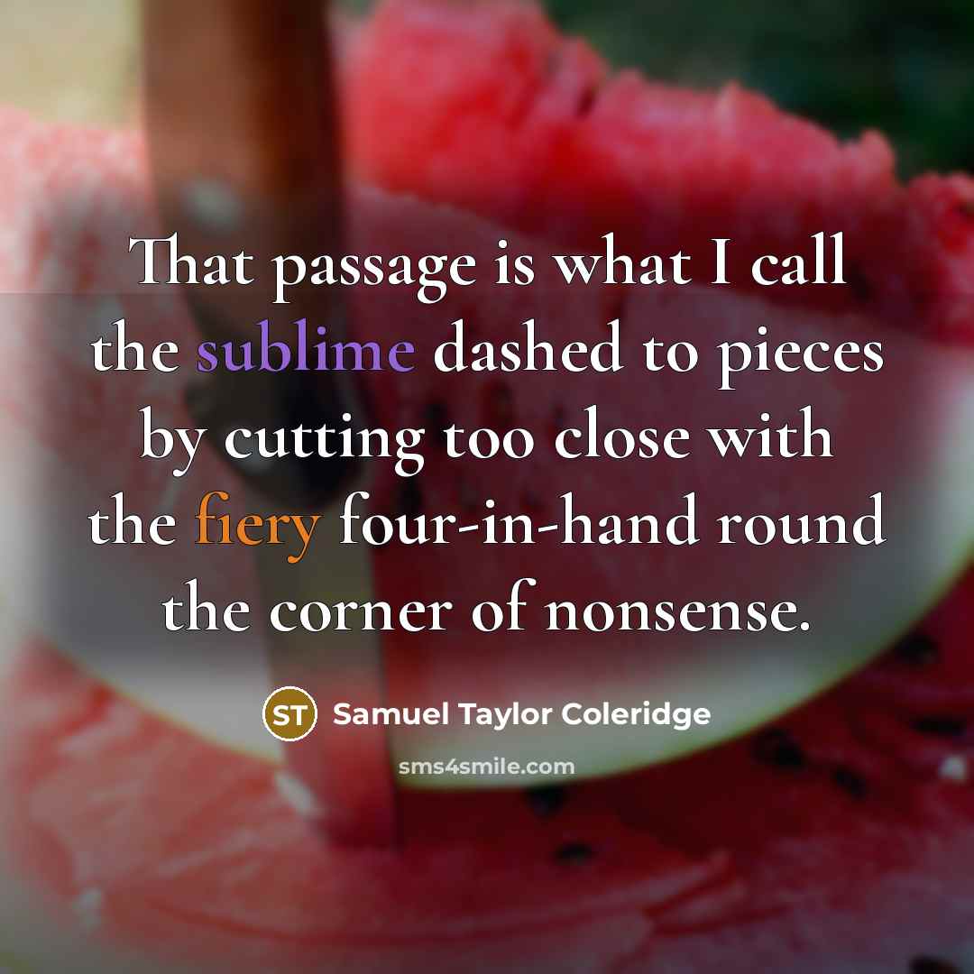 “That passage is what I call the sublime dashed to pieces by cutting too close with the fiery four-in-hand round the corner of nonsense.” quote by Samuel Taylor Coleridge