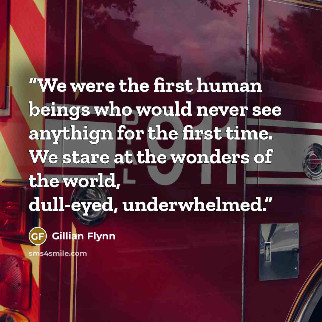 “We were the first human beings who would never see anythign for the first time. We stare at the wonders of the world, dull-eyed, underwhelmed.” quote by Gillian Flynn