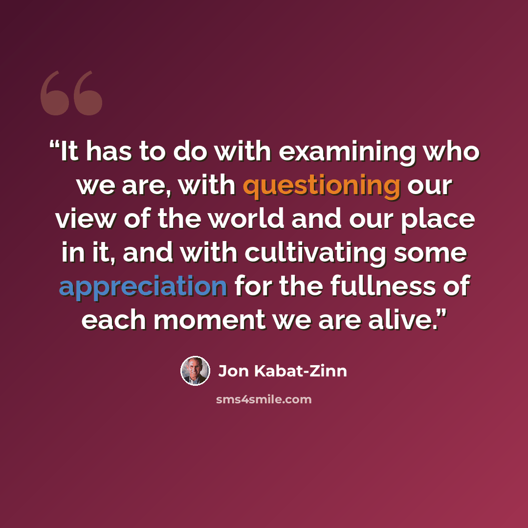 “It has to do with examining who we are, with questioning our view of the world and our place in it, and with cultivating some appreciation for the fullness of each moment we are alive.” quote by Jon Kabat-Zinn