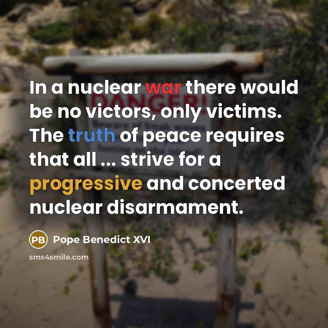 “In a nuclear war there would be no victors, only victims. The truth of peace requires that all ... strive for a progressive and concerted nuclear disarmament.” quote by Pope Benedict XVI