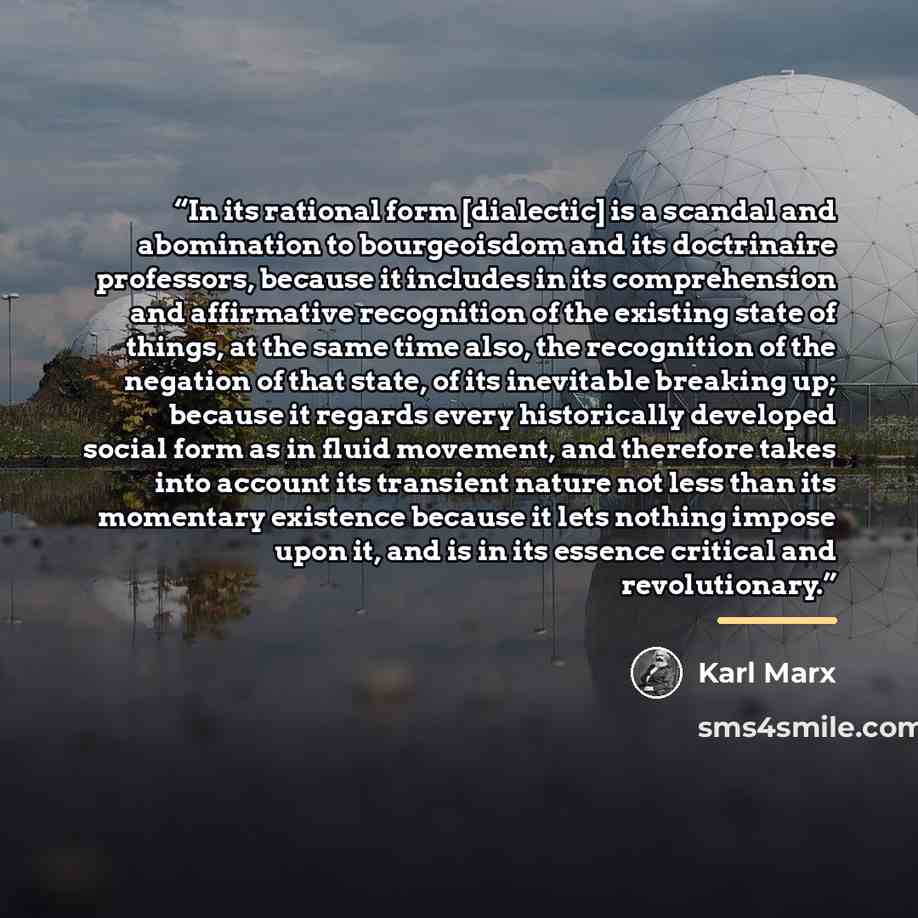 “In its rational form [dialectic] is a scandal and abomination to bourgeoisdom and its doctrinaire professors, because it includes in its comprehension and affirmative recognition of the existing state of things, at the same time also, the recognition of the negation of that state, of its…” quote by Karl Marx