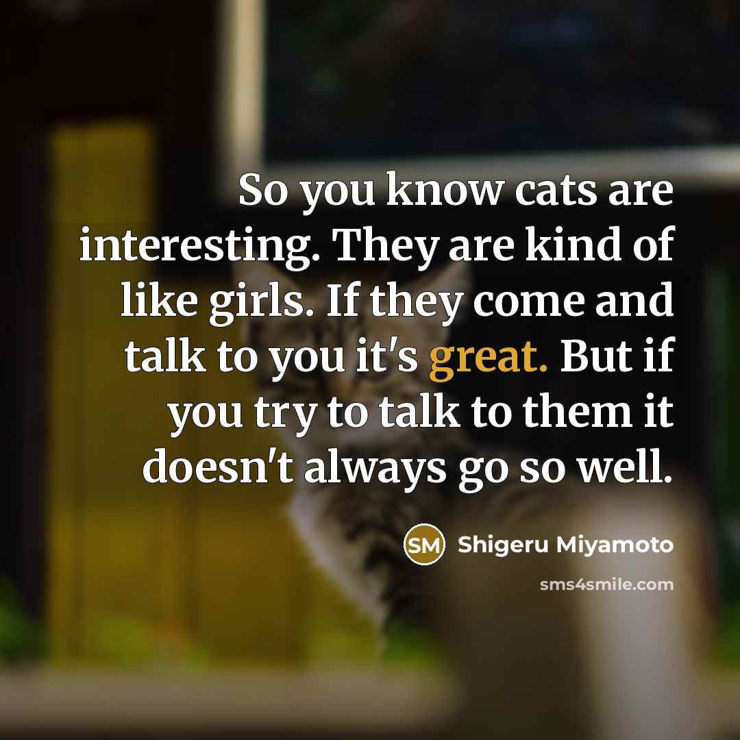 “So you know cats are interesting. They are kind of like girls. If they come and talk to you it's great. But if you try to talk to them it doesn't always go so well.” quote by Shigeru Miyamoto