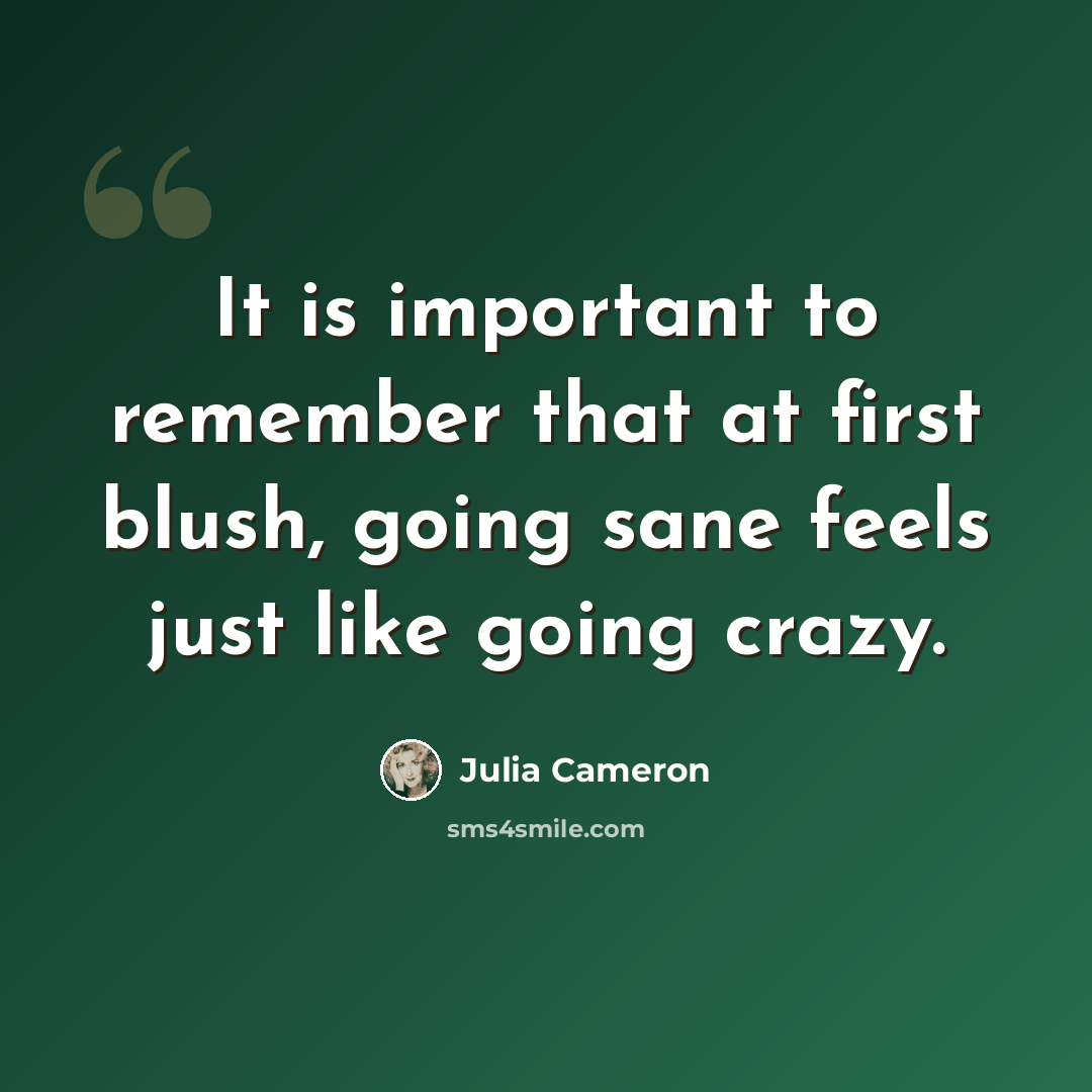 “It is important to remember that at first blush, going sane feels just like going crazy.” quote by Julia Cameron