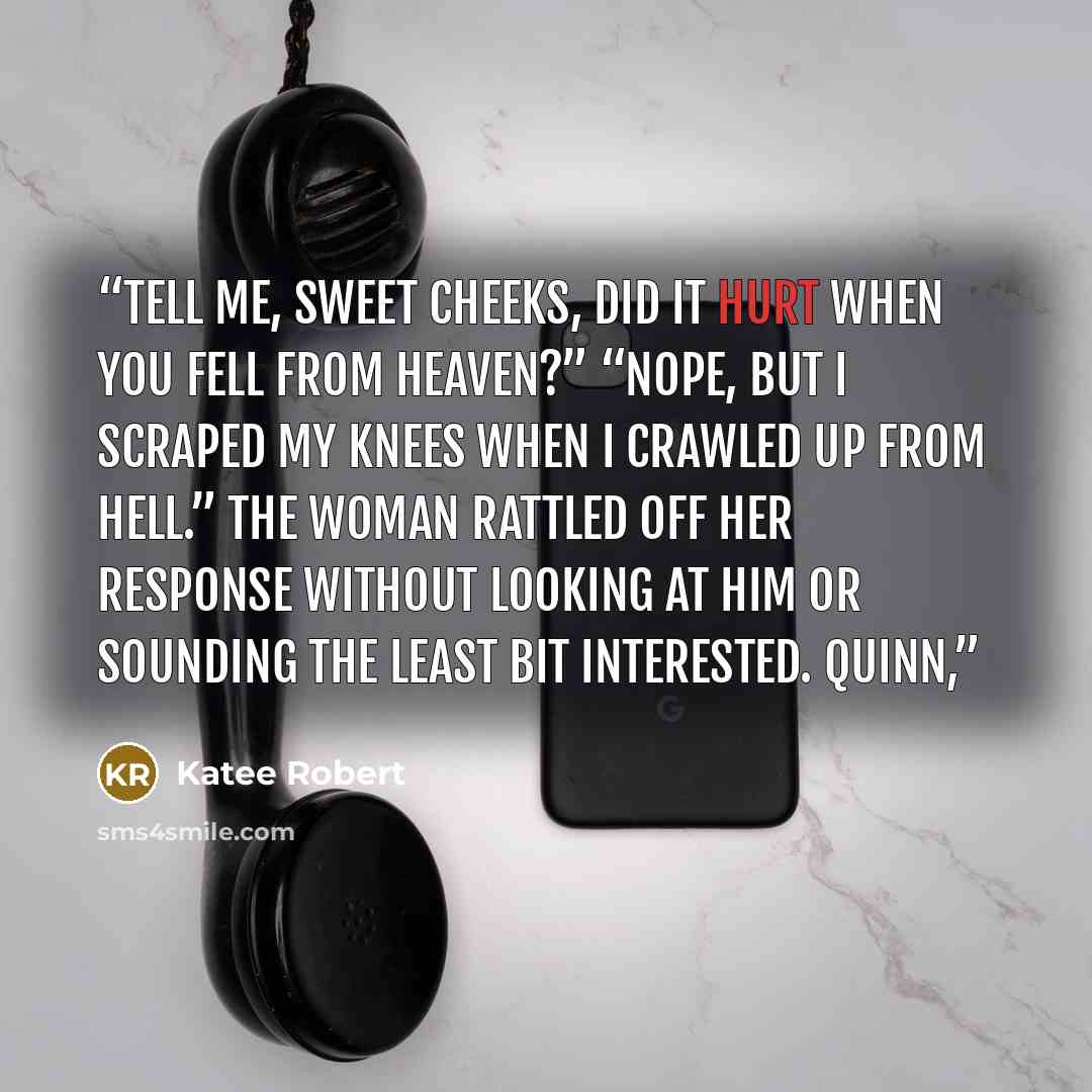 “Tell me, sweet cheeks, did it hurt when you fell from heaven?” “Nope, but I scraped my knees when I crawled up from hell.” The woman rattled off her response without looking at him or sounding the least bit interested. Quinn,” quote by Katee Robert