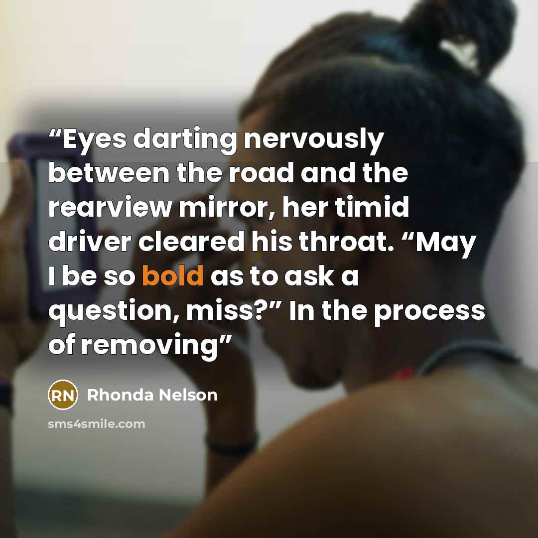 “Eyes darting nervously between the road and the rearview mirror, her timid driver cleared his throat. “May I be so bold as to ask a question, miss?” In the process of removing” quote by Rhonda Nelson