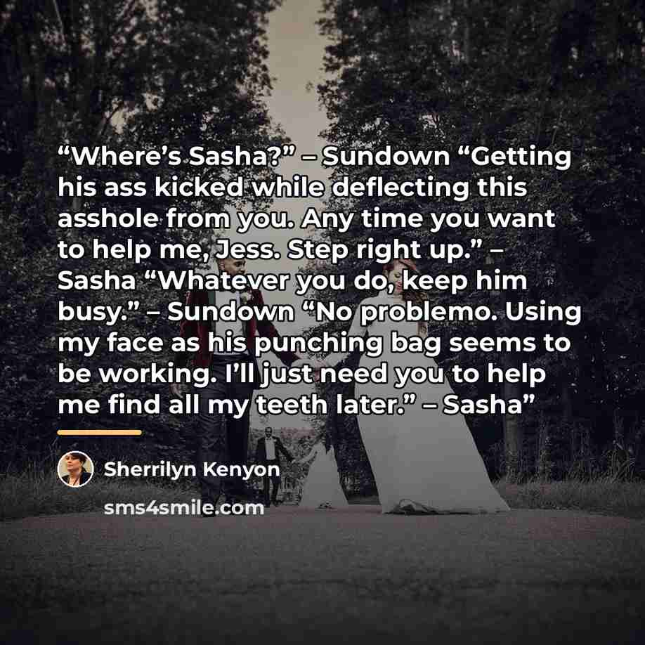 “Where’s Sasha?” – Sundown “Getting his ass kicked while deflecting this asshole from you. Any time you want to help me, Jess. Step right up.” – Sasha “Whatever you do, keep him busy.” – Sundown “No problemo. Using my face as his punching bag seems to be working. I’ll just need you to help me find…” quote by Sherrilyn Kenyon