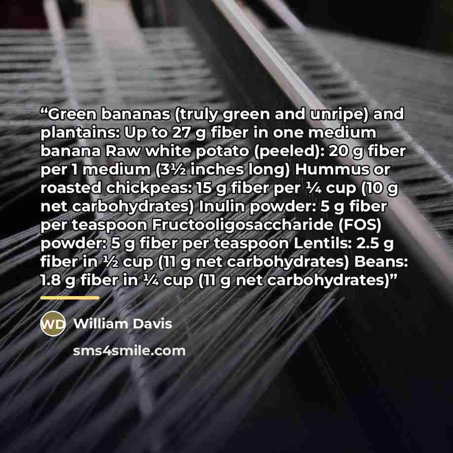 “Green bananas (truly green and unripe) and plantains: Up to 27 g fiber in one medium banana Raw white potato (peeled): 20 g fiber per 1 medium (3½ inches long) Hummus or roasted chickpeas: 15 g fiber per ¼ cup (10 g net carbohydrates) Inulin powder: 5 g fiber per teaspoon Fructooligosaccharide…” quote by William Davis