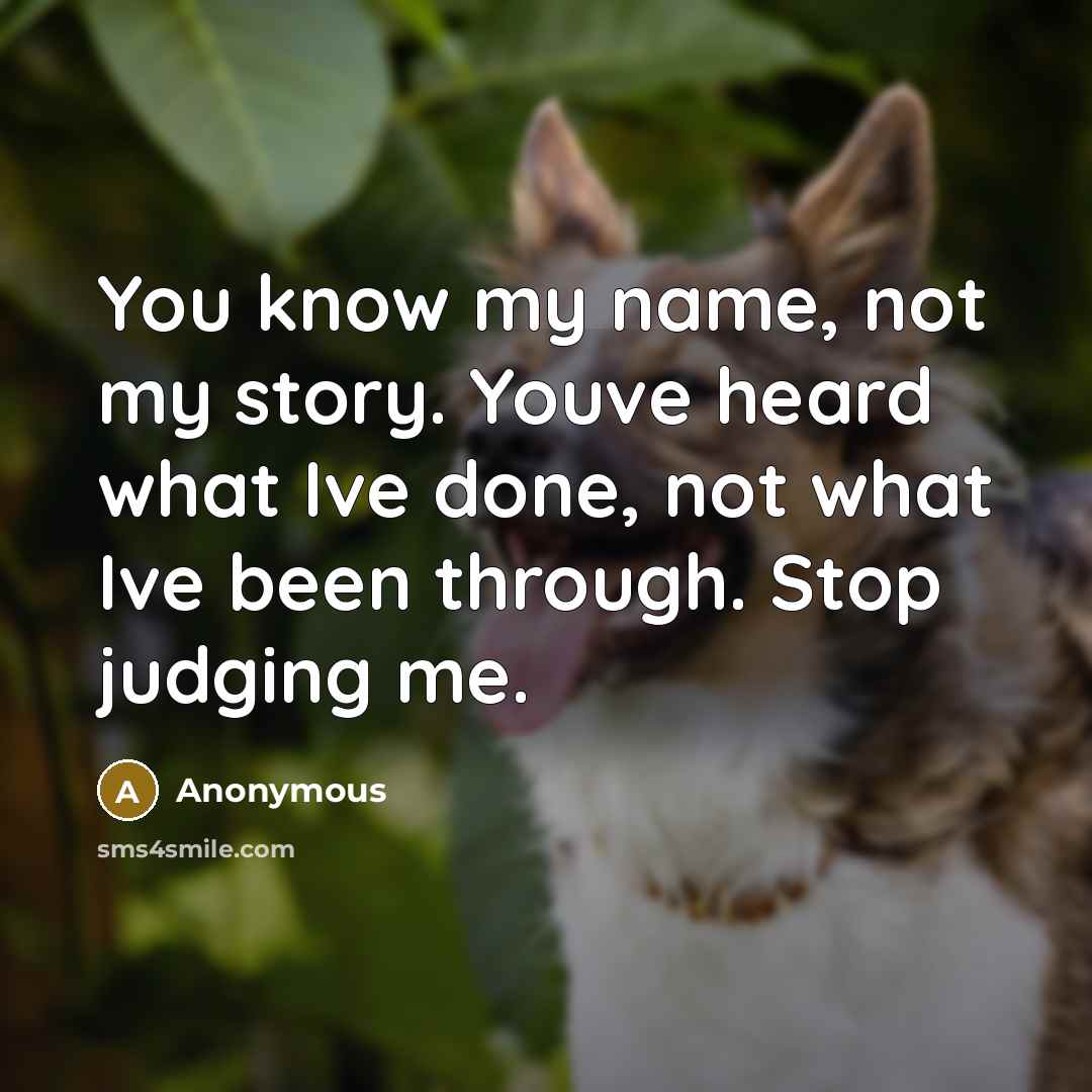 “You know my name, not my story. Youve heard what Ive done, not what Ive been through. Stop judging me.” quote by Anonymous