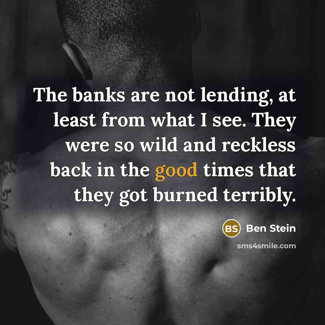 “The banks are not lending, at least from what I see. They were so wild and reckless back in the good times that they got burned terribly.” quote by Ben Stein