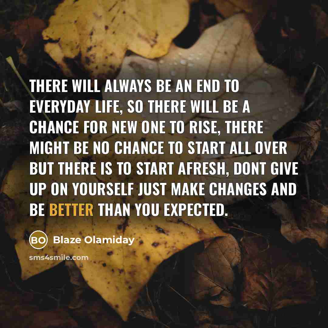 “There will always be an end to everyday life, so there will be a chance for new one to rise, there might be no chance to start all over but there is to start afresh, dont give up on yourself just make changes and be better than you expected.” quote by Blaze Olamiday