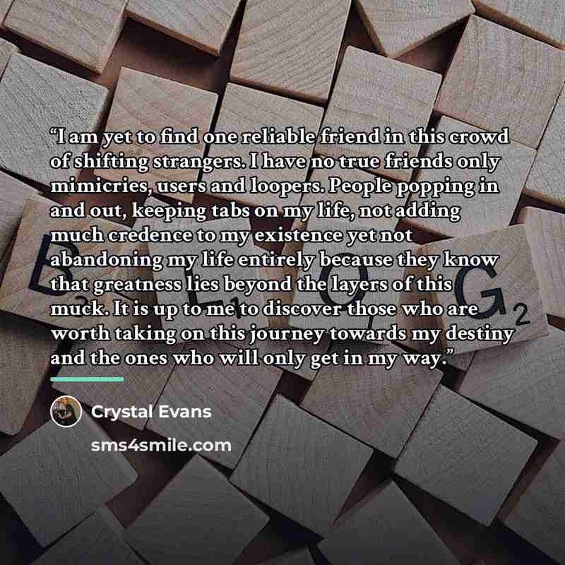 “I am yet to find one reliable friend in this crowd of shifting strangers. I have no true friends only mimicries, users and loopers. People popping in and out, keeping tabs on my life, not adding much credence to my existence yet not abandoning my life entirely because they know that greatness lies…” quote by Crystal Evans