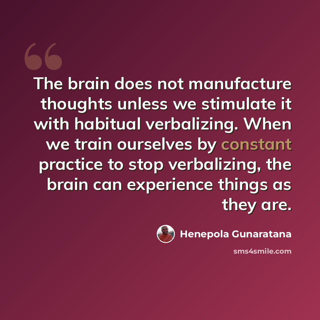 “The brain does not manufacture thoughts unless we stimulate it with habitual verbalizing. When we train ourselves by constant practice to stop verbalizing, the brain can experience things as they are.” quote by Henepola Gunaratana
