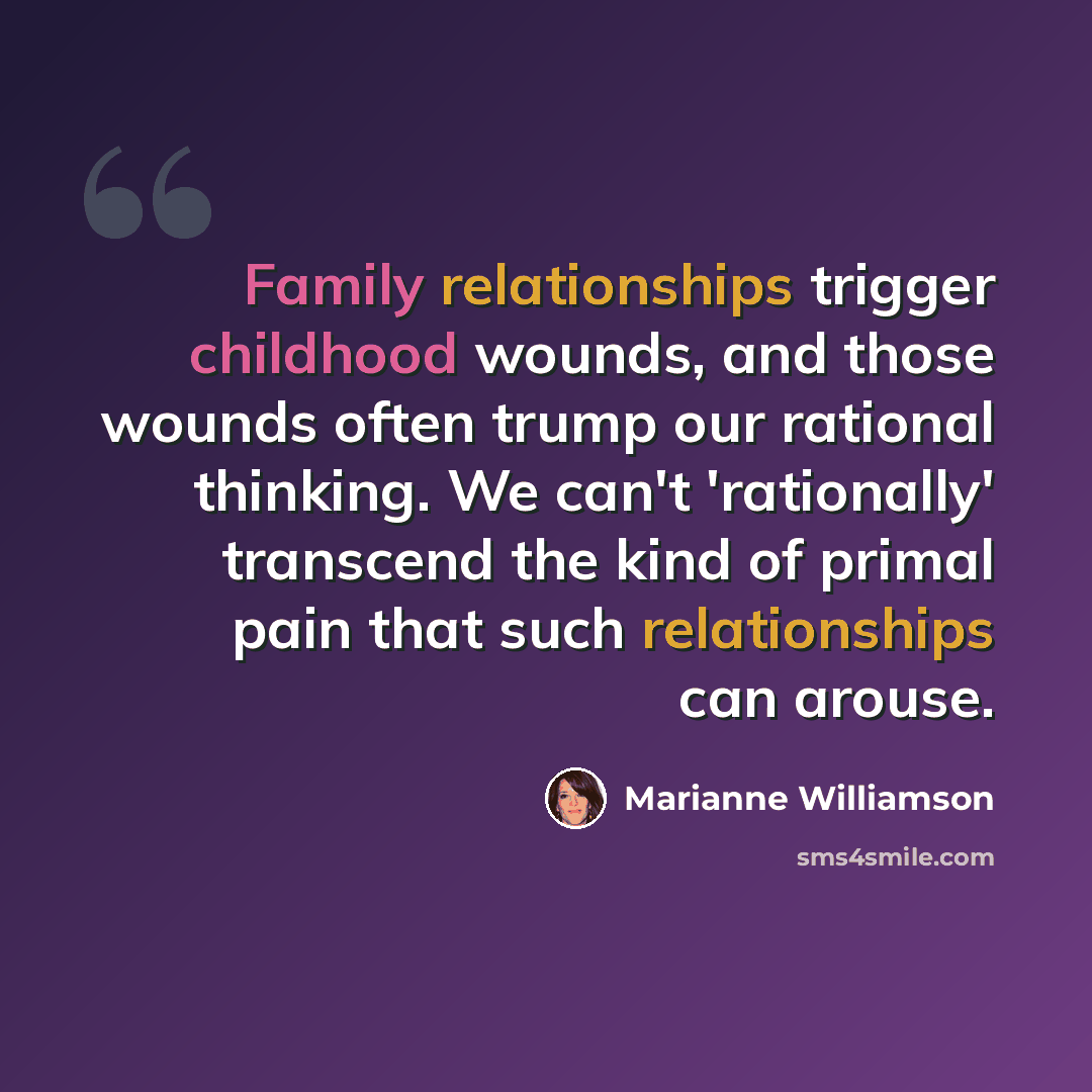 “Family relationships trigger childhood wounds, and those wounds often trump our rational thinking. We can't 'rationally' transcend the kind of primal pain that such relationships can arouse.” quote by Marianne Williamson