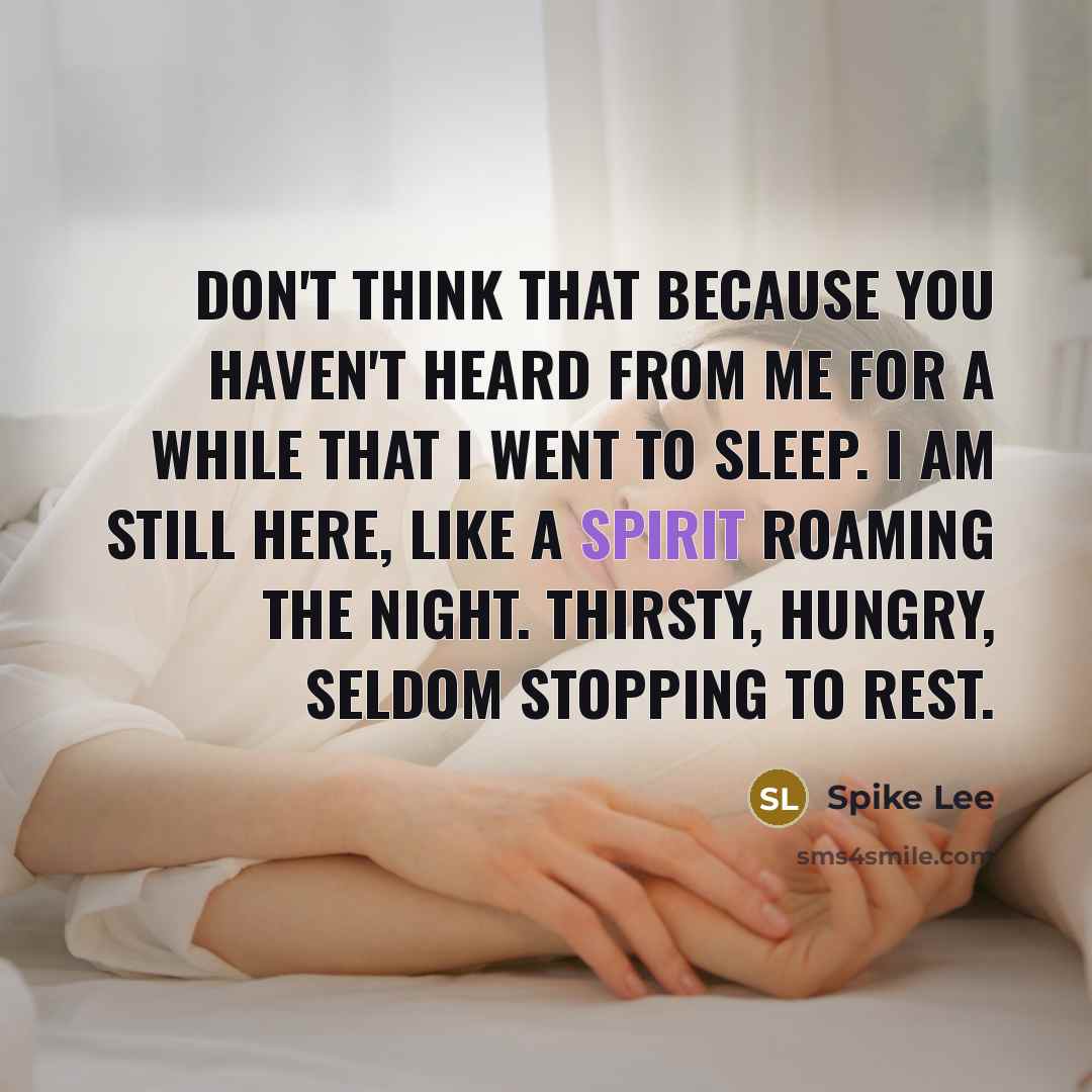 “Don't think that because you haven't heard from me for a while that I went to sleep. I am still here, like a spirit roaming the night. Thirsty, hungry, seldom stopping to rest.” quote by Spike Lee