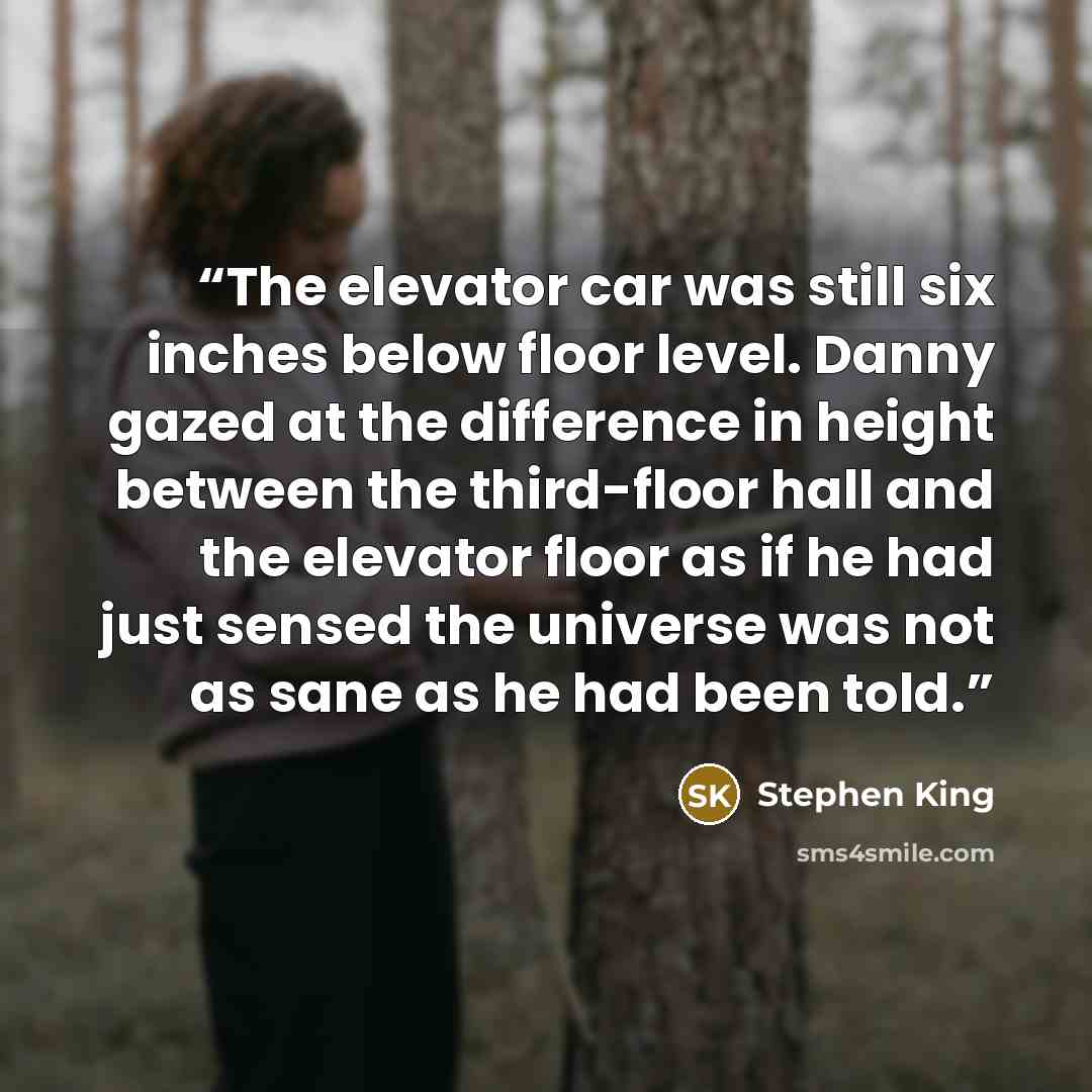 “The elevator car was still six inches below floor level. Danny gazed at the difference in height between the third-floor hall and the elevator floor as if he had just sensed the universe was not as sane as he had been told.” quote by Stephen King
