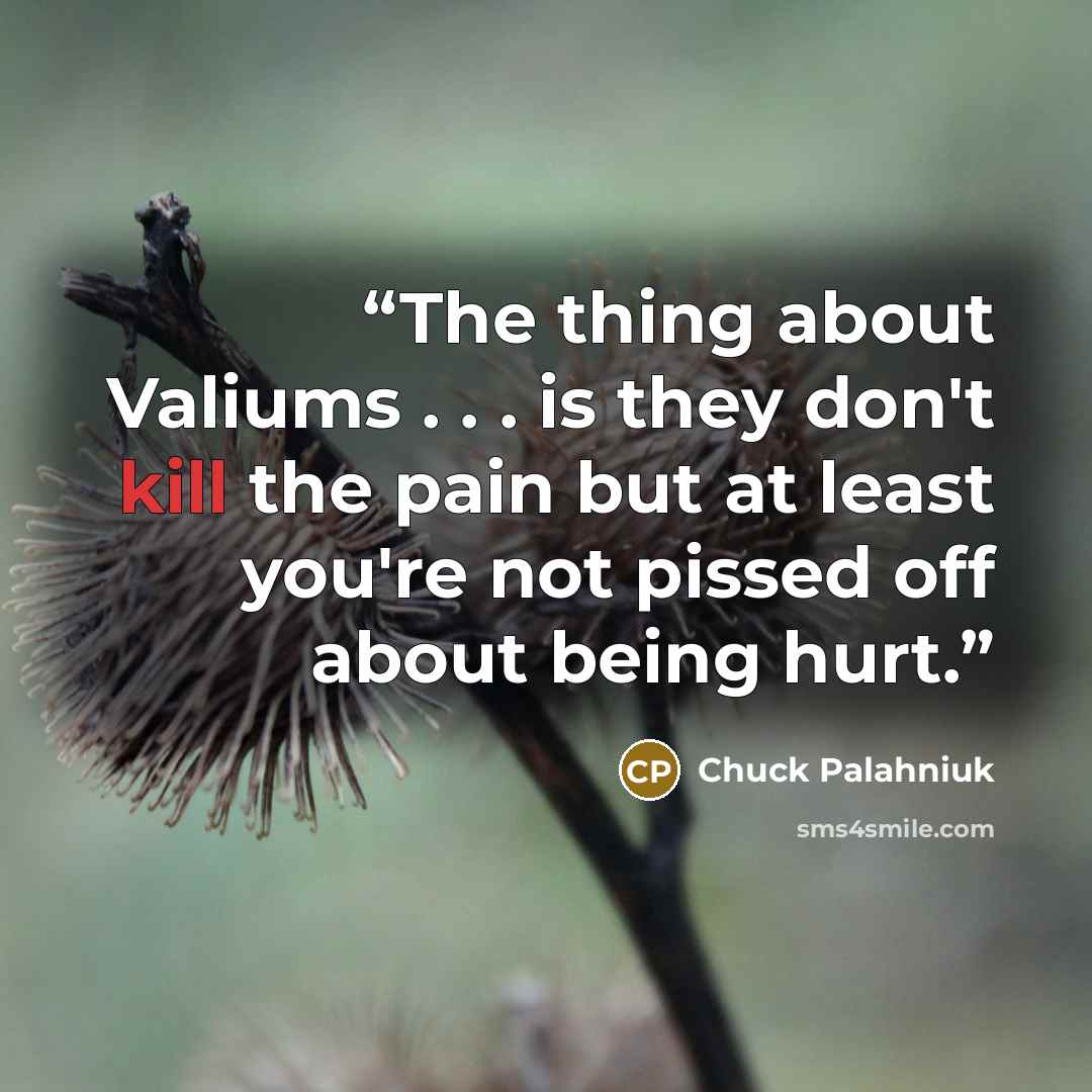 “The thing about Valiums . . . is they don't kill the pain but at least you're not pissed off about being hurt.” quote by Chuck Palahniuk