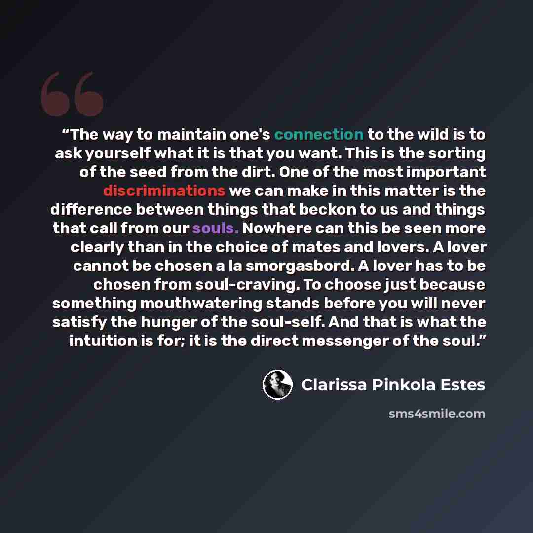 “The way to maintain one's connection to the wild is to ask yourself what it is that you want. This is the sorting of the seed from the dirt. One of the most important discriminations we can make in this matter is the difference between things that beckon to us and things that call from our souls…” quote by Clarissa Pinkola Estés