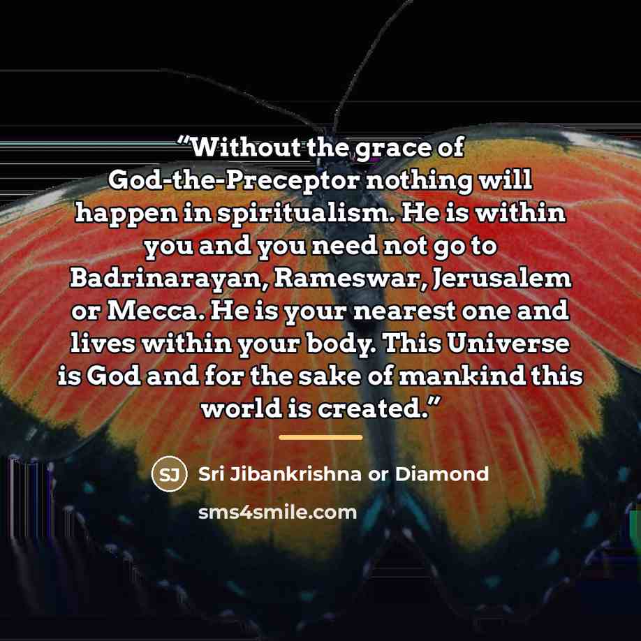 “Without the grace of God-the-Preceptor nothing will happen in spiritualism. He is within you and you need not go to Badrinarayan, Rameswar, Jerusalem or Mecca. He is your nearest one and lives within your body. This Universe is God and for the sake of mankind this world is created.” quote by Sri Jibankrishna or Diamond