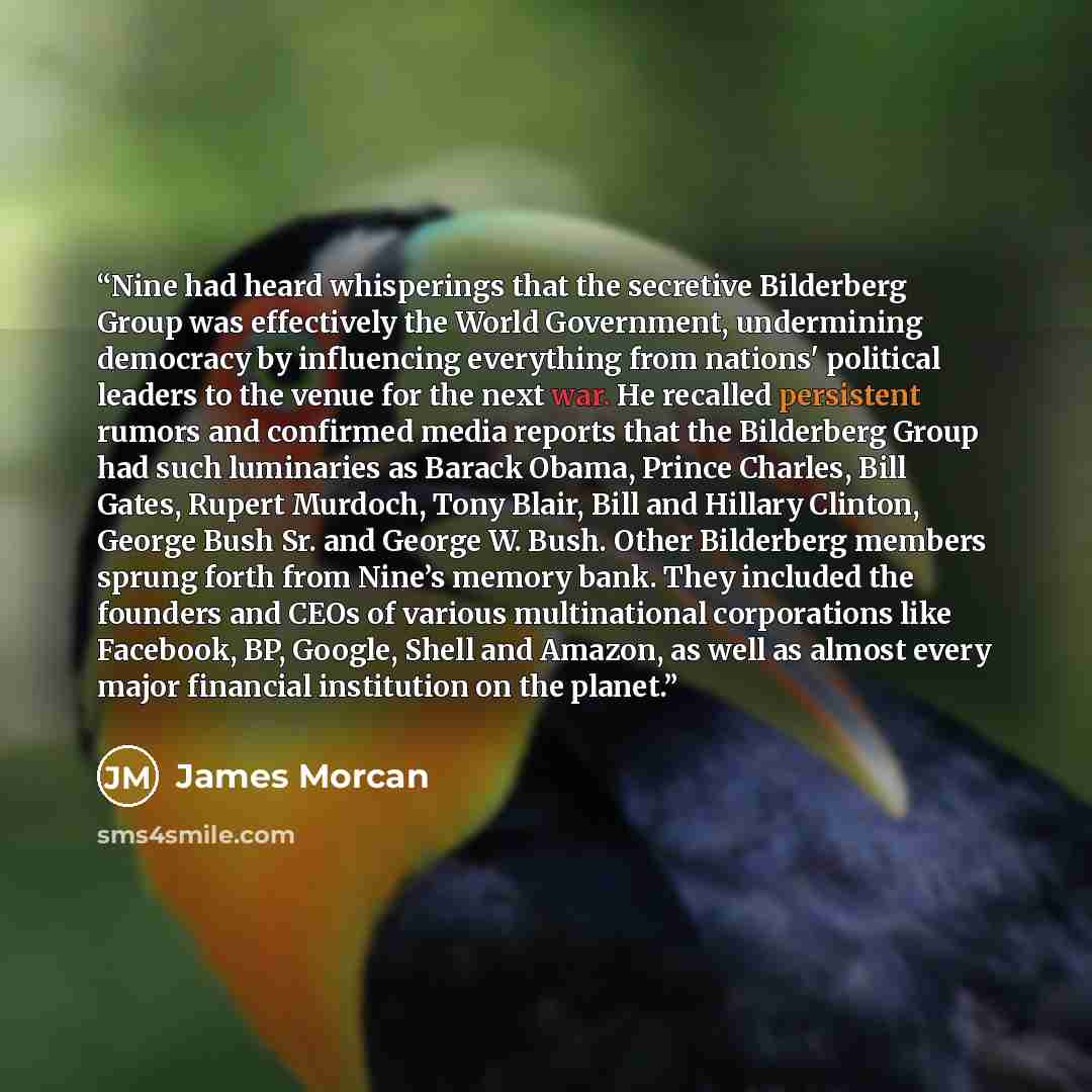 “Nine had heard whisperings that the secretive Bilderberg Group was effectively the World Government, undermining democracy by influencing everything from nations' political leaders to the venue for the next war. He recalled persistent rumors and confirmed media reports that the Bilderberg Group…” quote by James Morcan