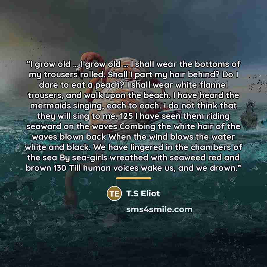 “I grow old … I grow old … I shall wear the bottoms of my trousers rolled. Shall I part my hair behind? Do I dare to eat a peach? I shall wear white flannel trousers, and walk upon the beach. I have heard the mermaids singing, each to each. I do not think that they will sing to me. 125 I have seen…” quote by T.S Eliot