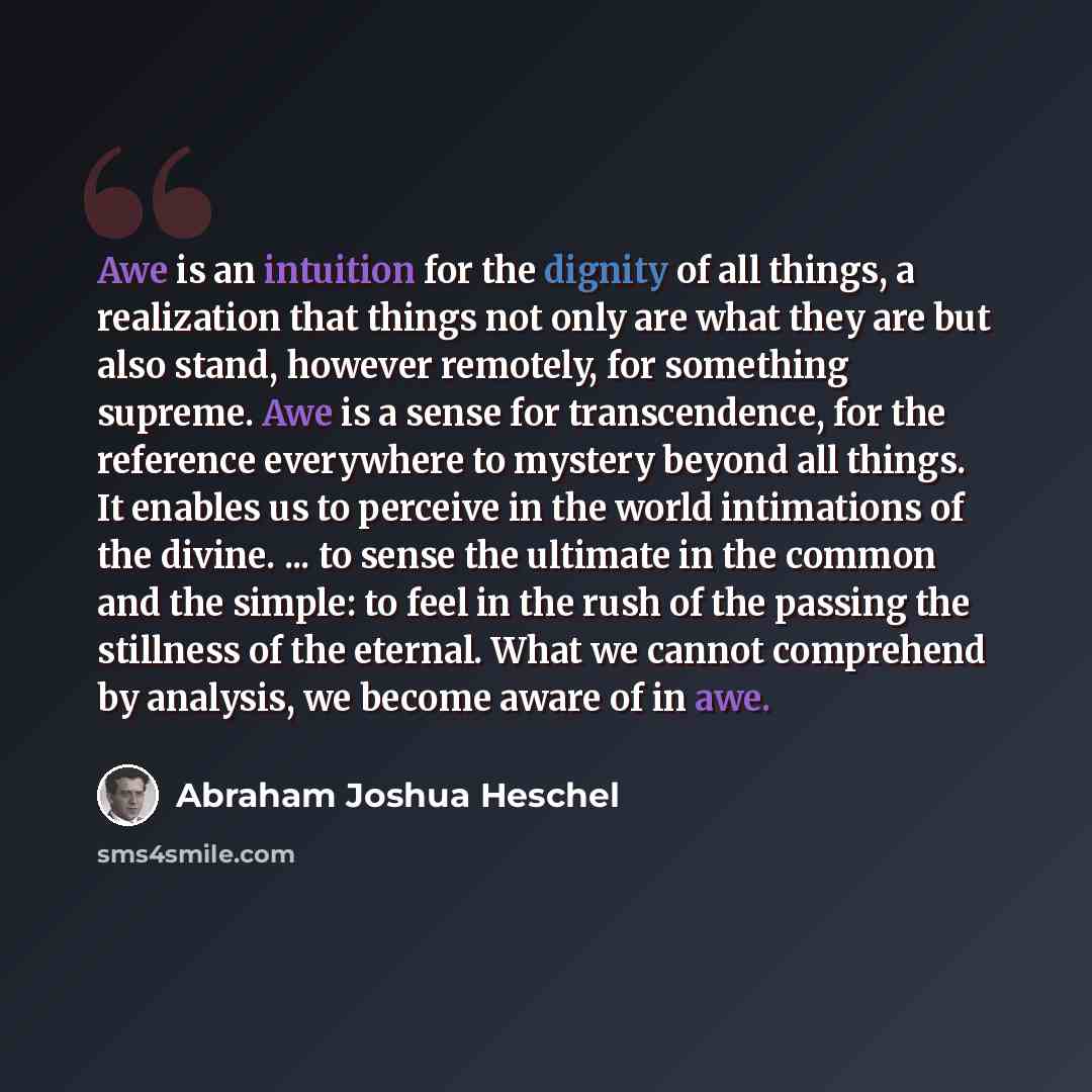 “Awe is an intuition for the dignity of all things, a realization that things not only are what they are but also stand, however remotely, for something supreme. Awe is a sense for transcendence, for the reference everywhere to mystery beyond all things. It enables us to perceive in the world…” quote by Abraham Joshua Heschel