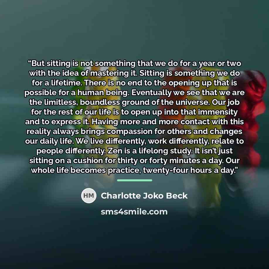 “But sitting is not something that we do for a year or two with the idea of mastering it. Sitting is something we do for a lifetime. There is no end to the opening up that is possible for a human being. Eventually we see that we are the limitless, boundless ground of the universe. Our job for the…” quote by Charlotte Joko Beck
