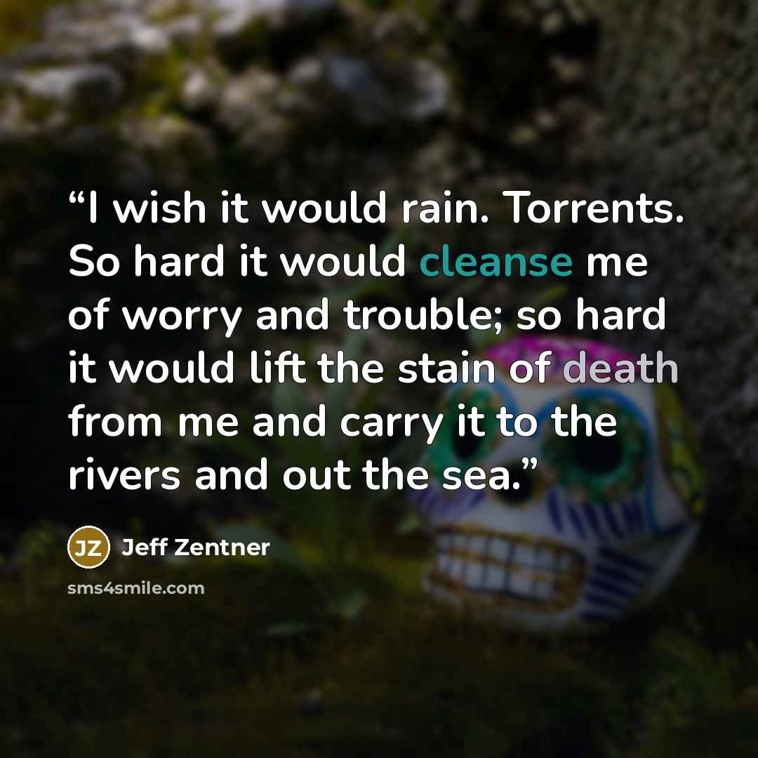 “I wish it would rain. Torrents. So hard it would cleanse me of worry and trouble; so hard it would lift the stain of death from me and carry it to the rivers and out the sea.” quote by Jeff Zentner