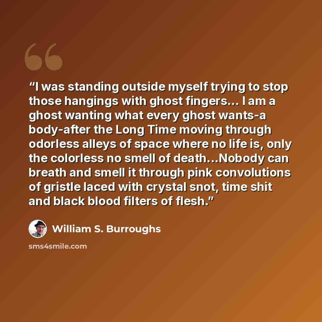 “I was standing outside myself trying to stop those hangings with ghost fingers... I am a ghost wanting what every ghost wants-a body-after the Long Time moving through odorless alleys of space where no life is, only the colorless no smell of death...Nobody can breath and smell it through pink…” quote by William S. Burroughs