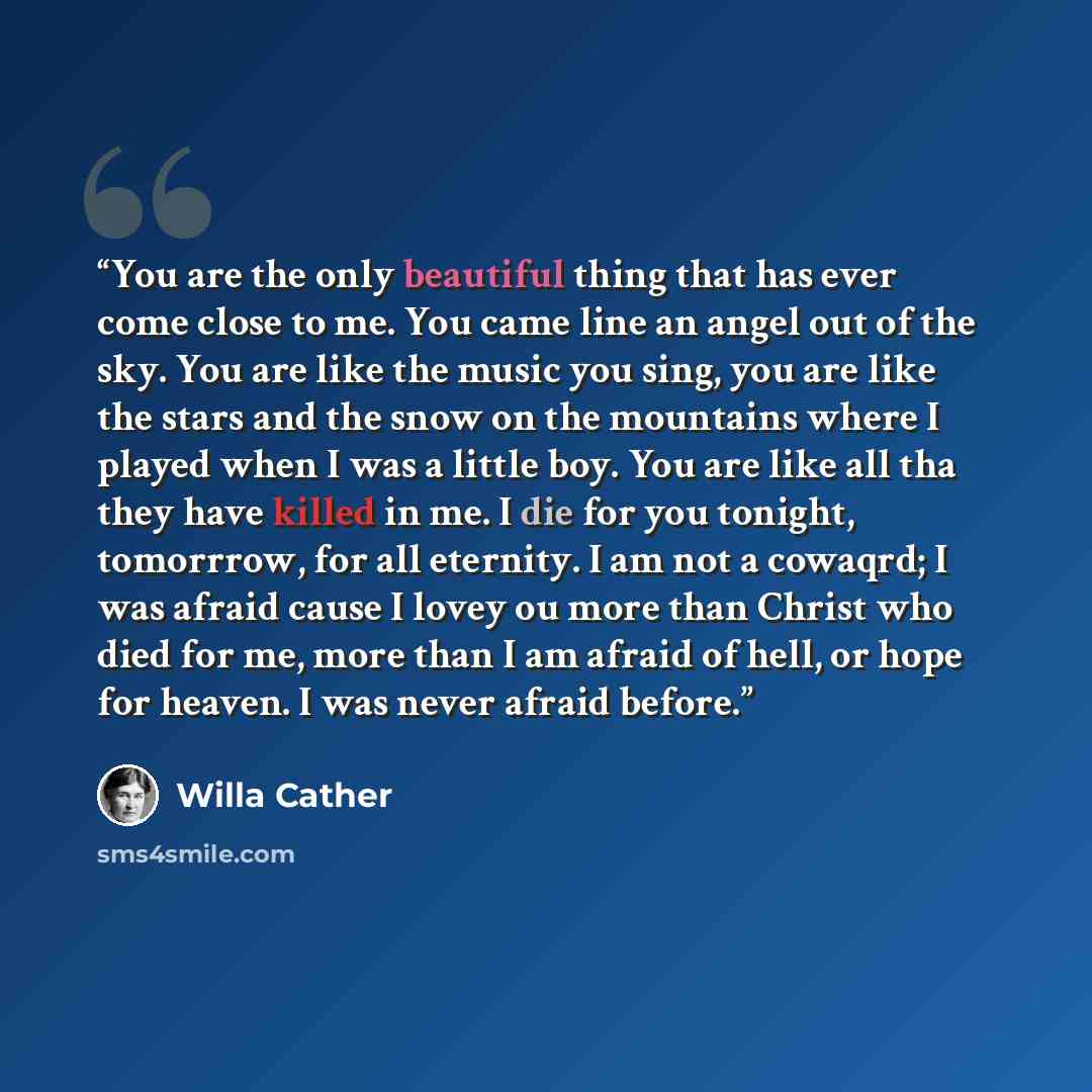 “You are the only beautiful thing that has ever come close to me. You came line an angel out of the sky. You are like the music you sing, you are like the stars and the snow on the mountains where I played when I was a little boy. You are like all tha they have killed in me. I die for you tonight…” quote by Willa Cather
