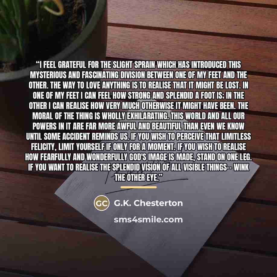 “I feel grateful for the slight sprain which has introduced this mysterious and fascinating division between one of my feet and the other. The way to love anything is to realise that it might be lost. In one of my feet I can feel how strong and splendid a foot is; in the other I can realise how…” quote by G.K. Chesterton