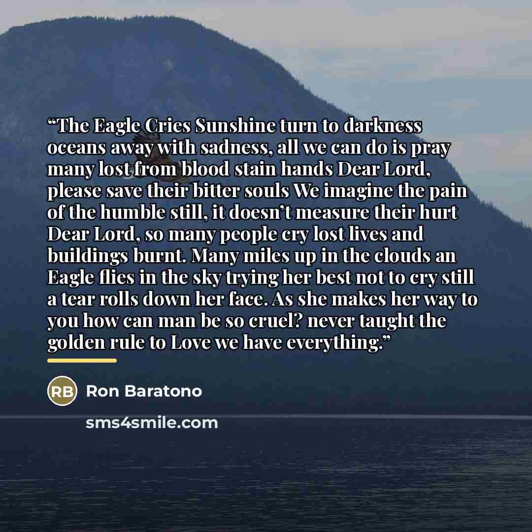 “The Eagle Cries Sunshine turn to darkness oceans away with sadness, all we can do is pray many lost from blood stain hands Dear Lord, please save their bitter souls We imagine the pain of the humble still, it doesn’t measure their hurt Dear Lord, so many people cry lost lives and buildings burnt…” quote by Ron Baratono
