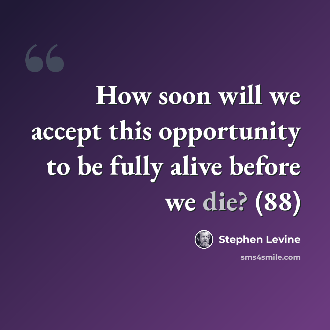 “How soon will we accept this opportunity to be fully alive before we die? (88)” quote by Stephen Levine