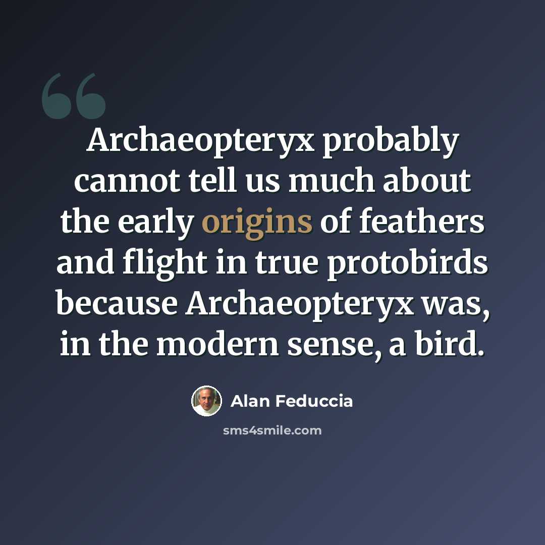 “Archaeopteryx probably cannot tell us much about the early origins of feathers and flight in true protobirds because Archaeopteryx was, in the modern sense, a bird.” quote by Alan Feduccia