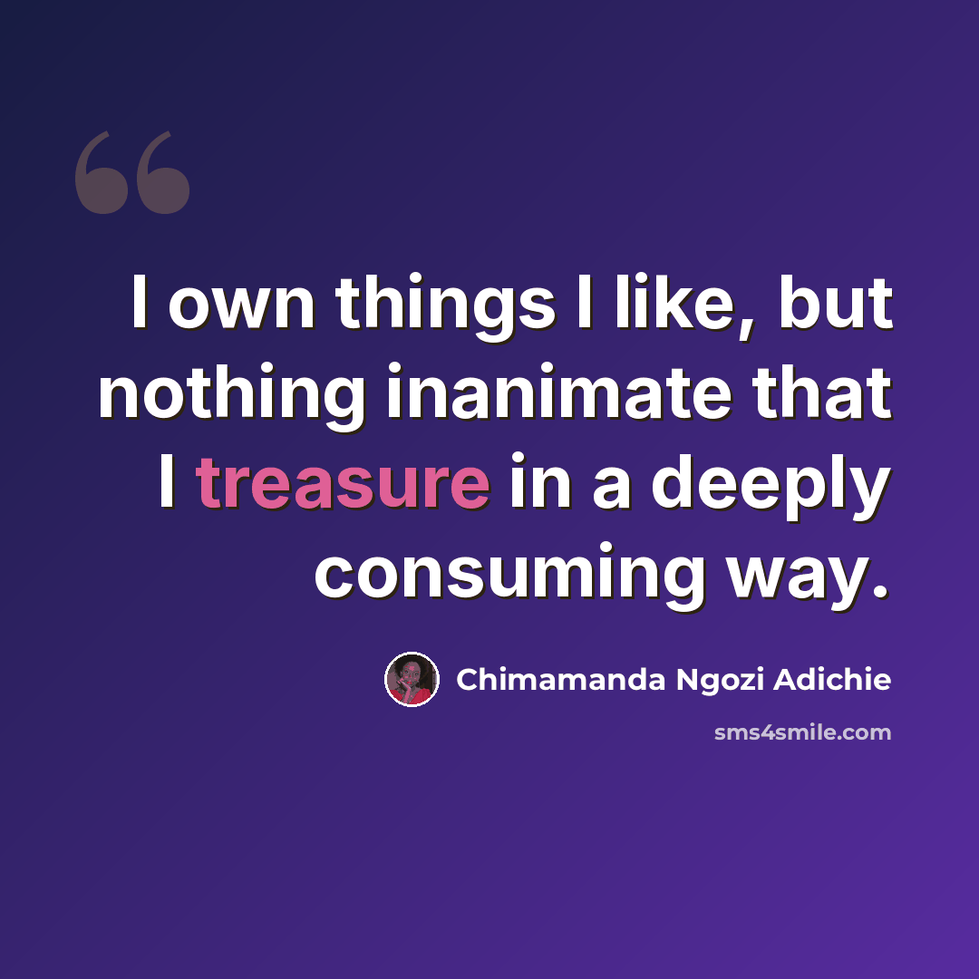 “I own things I like, but nothing inanimate that I treasure in a deeply consuming way.” quote by Chimamanda Ngozi Adichie