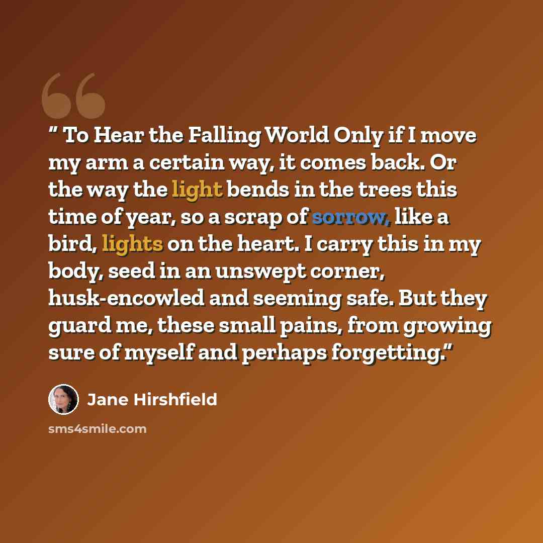 “To Hear the Falling World Only if I move my arm a certain way, it comes back. Or the way the light bends in the trees this time of year, so a scrap of sorrow, like a bird, lights on the heart. I carry this in my body, seed in an unswept corner, husk-encowled and seeming safe. But they guard me…” quote by Jane Hirshfield