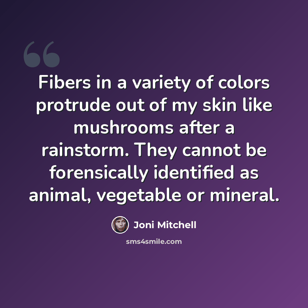 “Fibers in a variety of colors protrude out of my skin like mushrooms after a rainstorm. They cannot be forensically identified as animal, vegetable or mineral.” quote by Joni Mitchell