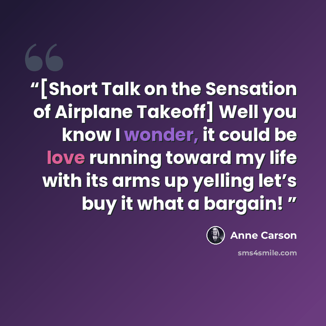 “[Short Talk on the Sensation of Airplane Takeoff] Well you know I wonder, it could be love running toward my life with its arms up yelling let’s buy it what a bargain!” quote by Anne Carson