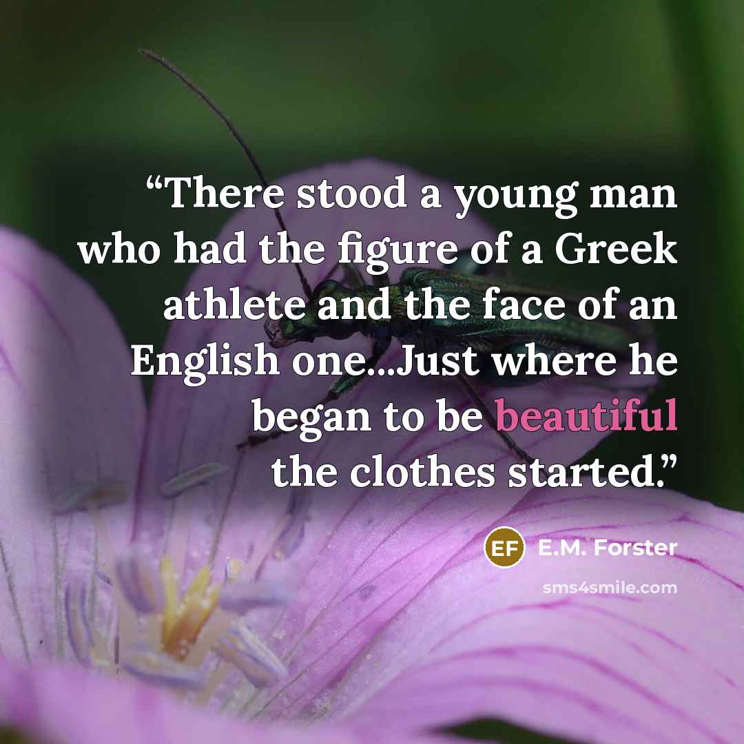 “There stood a young man who had the figure of a Greek athlete and the face of an English one...Just where he began to be beautiful the clothes started.” quote by E.M. Forster