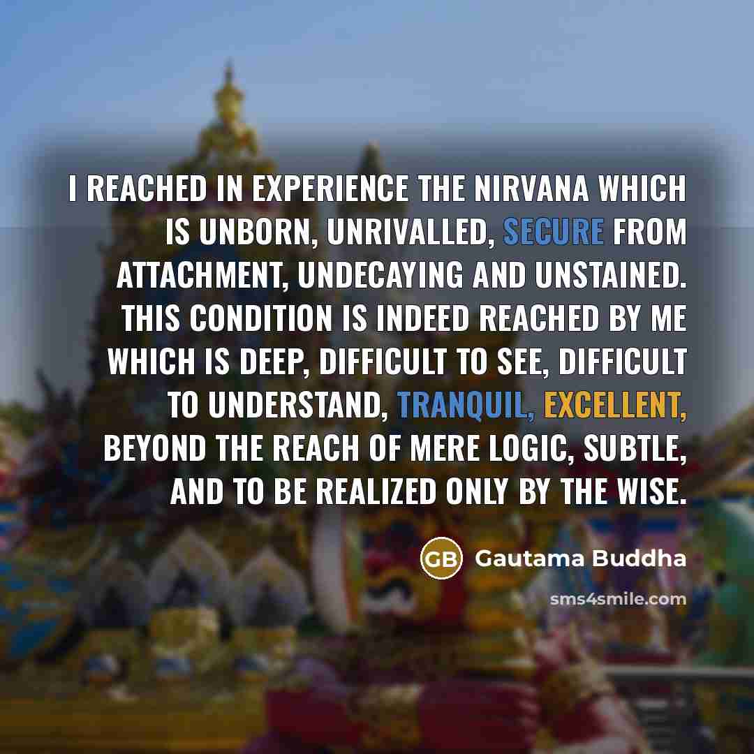“I reached in experience the nirvana which is unborn, unrivalled, secure from attachment, undecaying and unstained. This condition is indeed reached by me which is deep, difficult to see, difficult to understand, tranquil, excellent, beyond the reach of mere logic, subtle, and to be realized only…” quote by Gautama Buddha