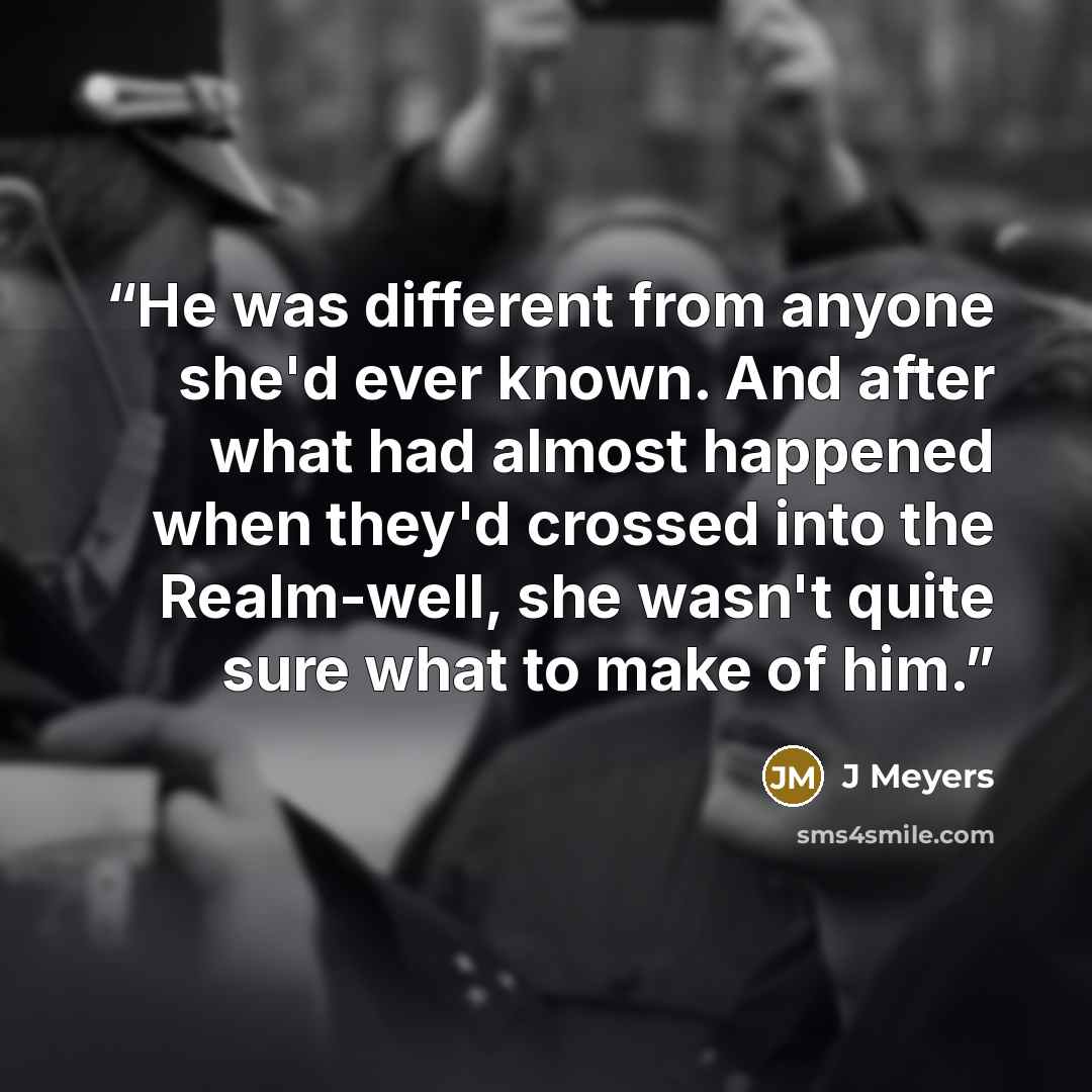 “He was different from anyone she'd ever known. And after what had almost happened when they'd crossed into the Realm-well, she wasn't quite sure what to make of him.” quote by J Meyers