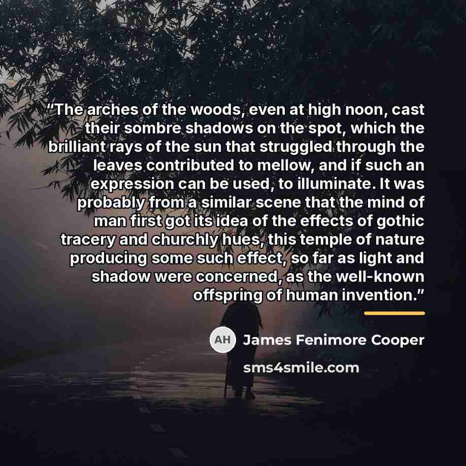 “The arches of the woods, even at high noon, cast their sombre shadows on the spot, which the brilliant rays of the sun that struggled through the leaves contributed to mellow, and if such an expression can be used, to illuminate. It was probably from a similar scene that the mind of man first got…” quote by James Fenimore Cooper