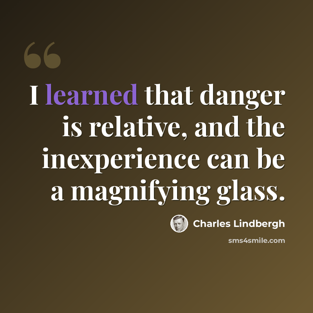 “I learned that danger is relative, and the inexperience can be a magnifying glass.” quote by Charles Lindbergh