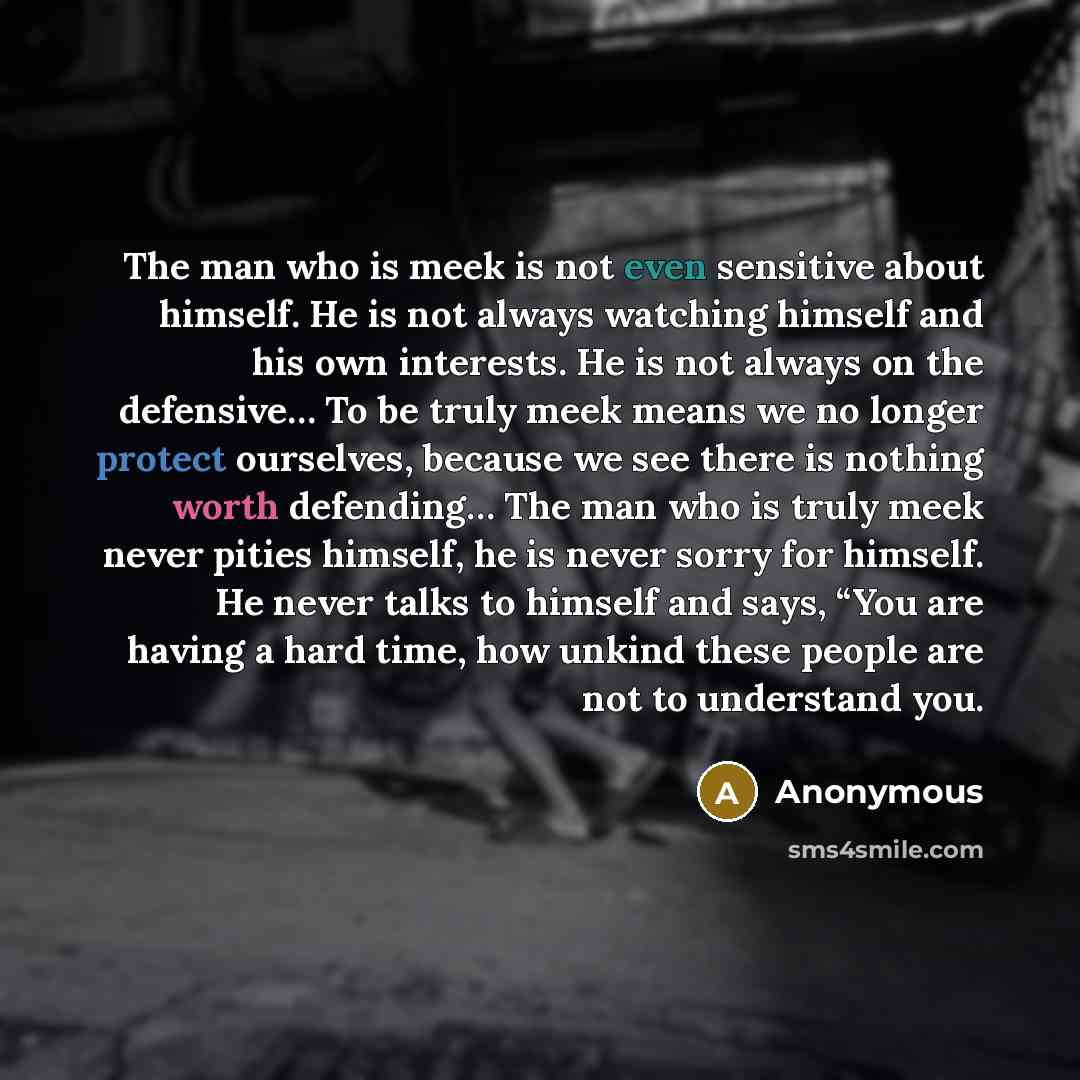 “The man who is meek is not even sensitive about himself. He is not always watching himself and his own interests. He is not always on the defensive… To be truly meek means we no longer protect ourselves, because we see there is nothing worth defending… The man who is truly meek never pities…” quote by Anonymous