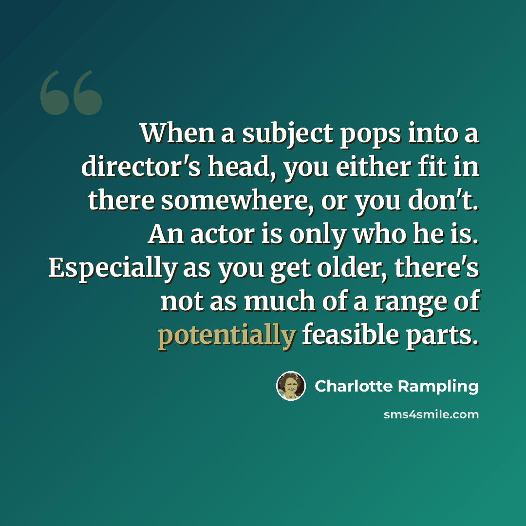 “When a subject pops into a director's head, you either fit in there somewhere, or you don't. An actor is only who he is. Especially as you get older, there's not as much of a range of potentially feasible parts.” quote by Charlotte Rampling