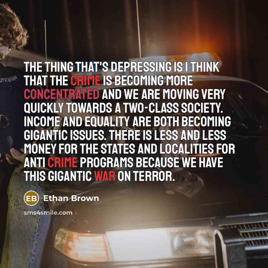 “The thing that's depressing is I think that the crime is becoming more concentrated and we are moving very quickly towards a two-class society. Income and equality are both becoming gigantic issues. There is less and less money for the states and localities for anti crime programs because we have…” quote by Ethan Brown