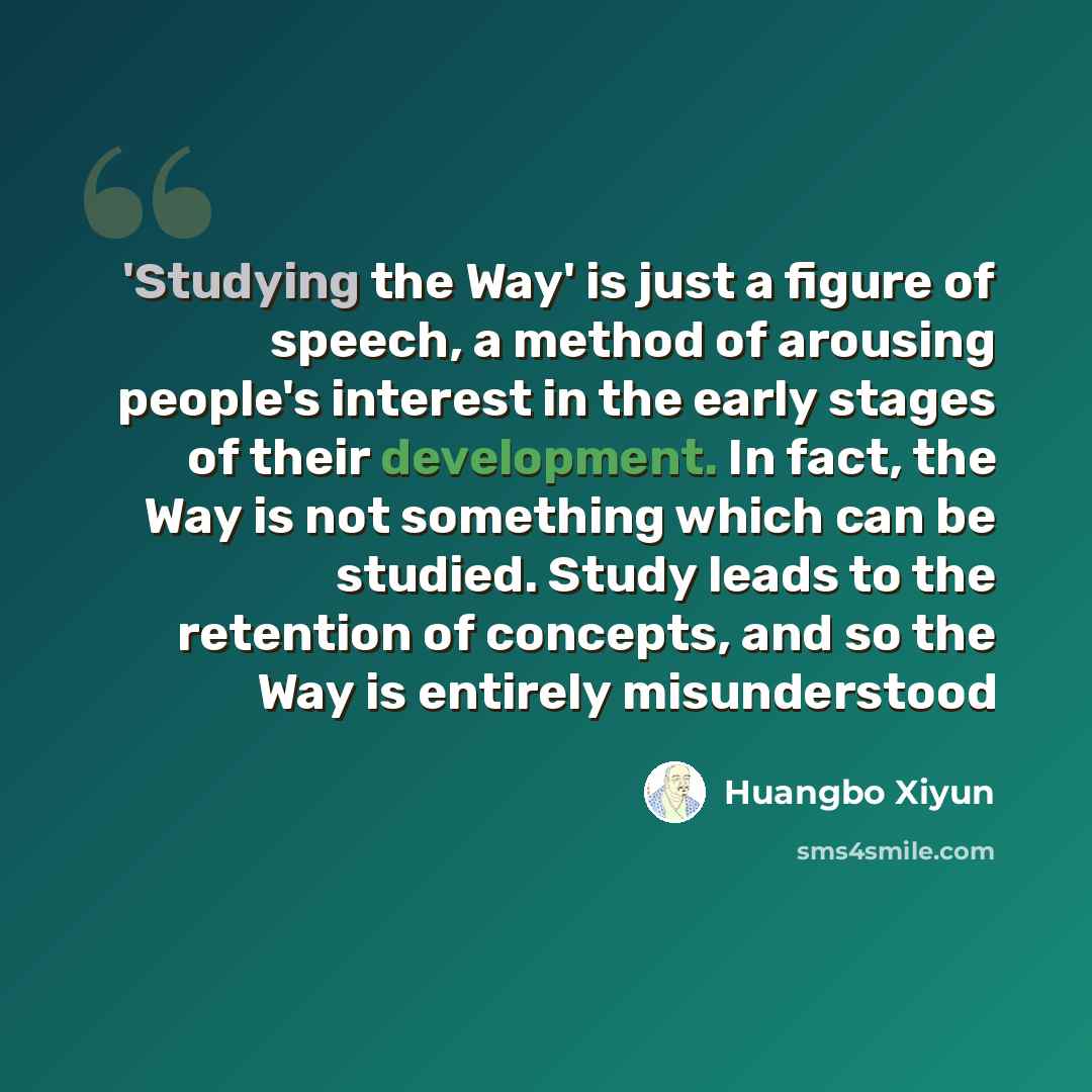 “'Studying the Way' is just a figure of speech, a method of arousing people's interest in the early stages of their development. In fact, the Way is not something which can be studied. Study leads to the retention of concepts, and so the Way is entirely misunderstood” quote by Huangbo Xiyun