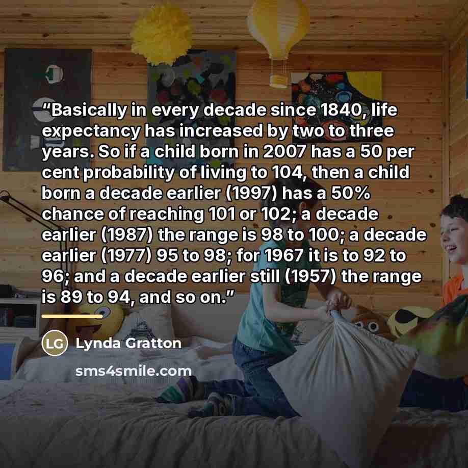 “Basically in every decade since 1840, life expectancy has increased by two to three years. So if a child born in 2007 has a 50 per cent probability of living to 104, then a child born a decade earlier (1997) has a 50% chance of reaching 101 or 102; a decade earlier (1987) the range is 98 to 100; a…” quote by Lynda Gratton