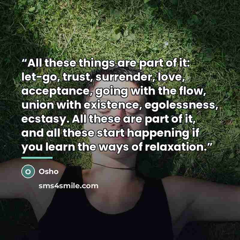 “All these things are part of it: let-go, trust, surrender, love, acceptance, going with the flow, union with existence, egolessness, ecstasy. All these are part of it, and all these start happening if you learn the ways of relaxation.” quote by Osho